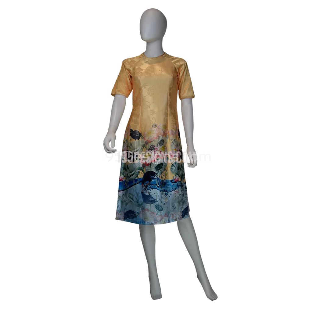 Peach Embroidered Fabric Ao Dai Lotus Flower Modern Lunar New Year | Tết Cách Tân Áo Dài Vải Gấm