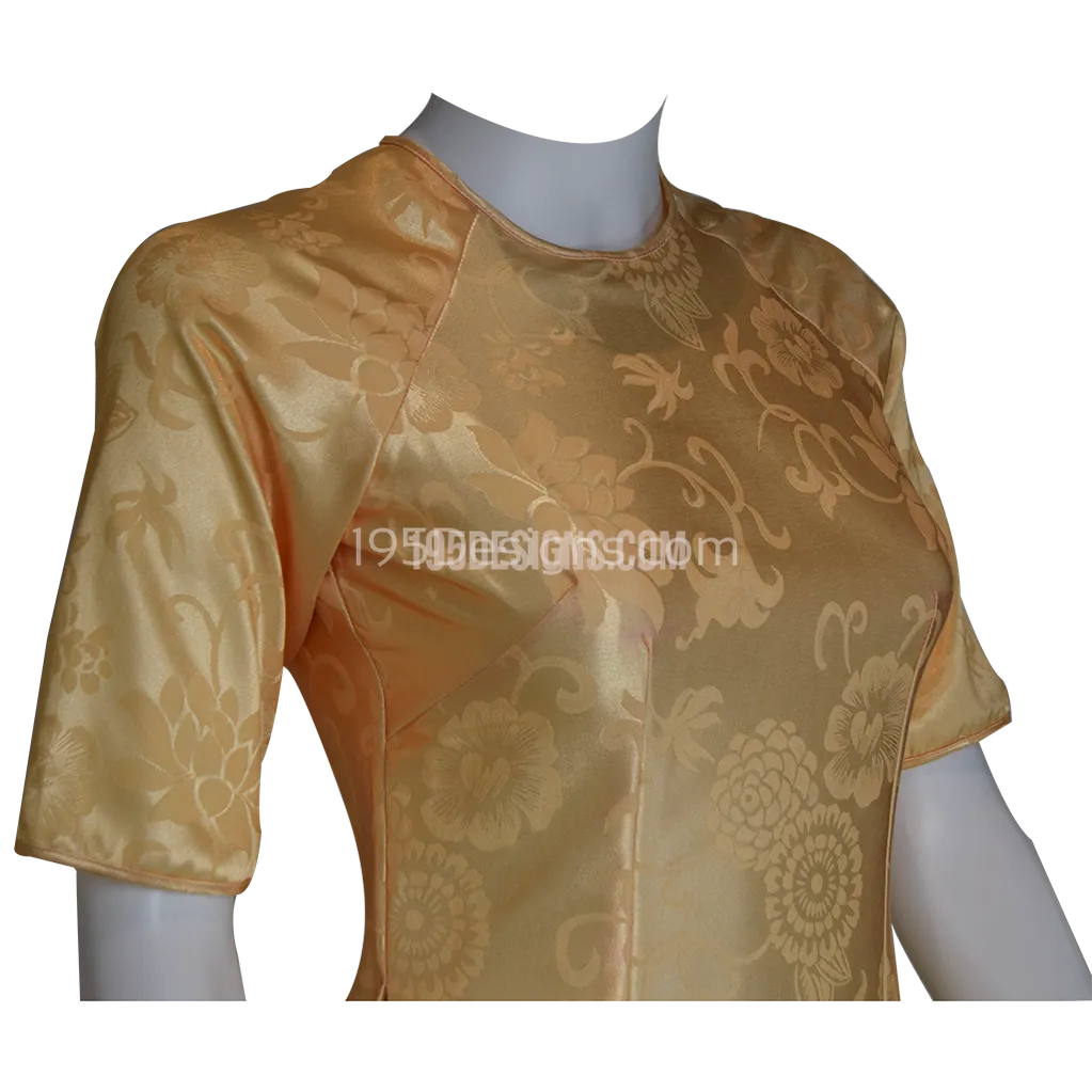 Peach Embroidered Fabric Ao Dai Lotus Flower Modern Lunar New Year | Tết Cách Tân Áo Dài Vải Gấm
