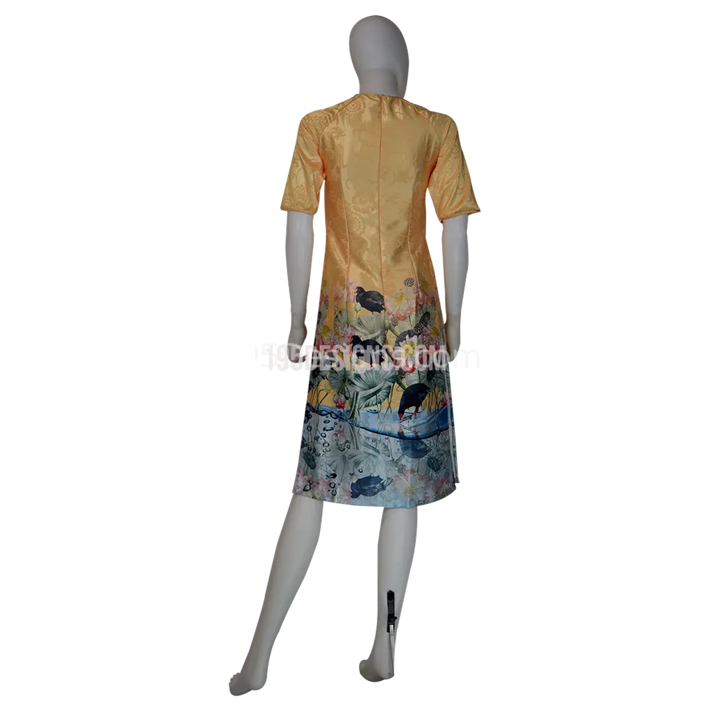 Peach Embroidered Fabric Ao Dai Lotus Flower Modern Lunar New Year | Tết Cách Tân Áo Dài Vải Gấm