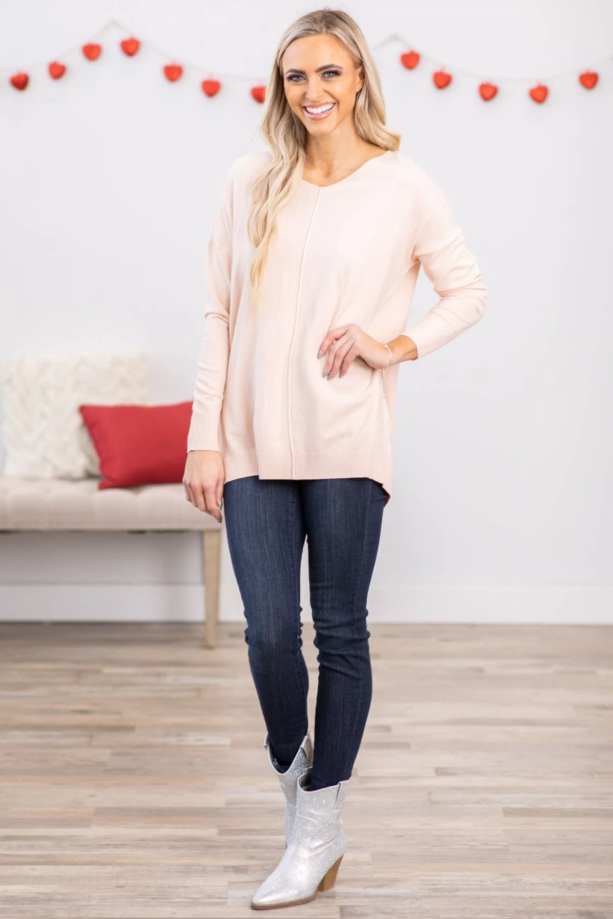 Peach V-Neck Front Seam Sweater