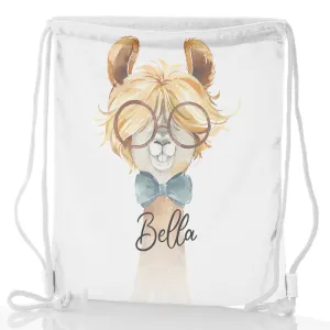 Personalised Glitter Drawstring Backpack with Alpaca Bow Tie and Glasses and Cute Text