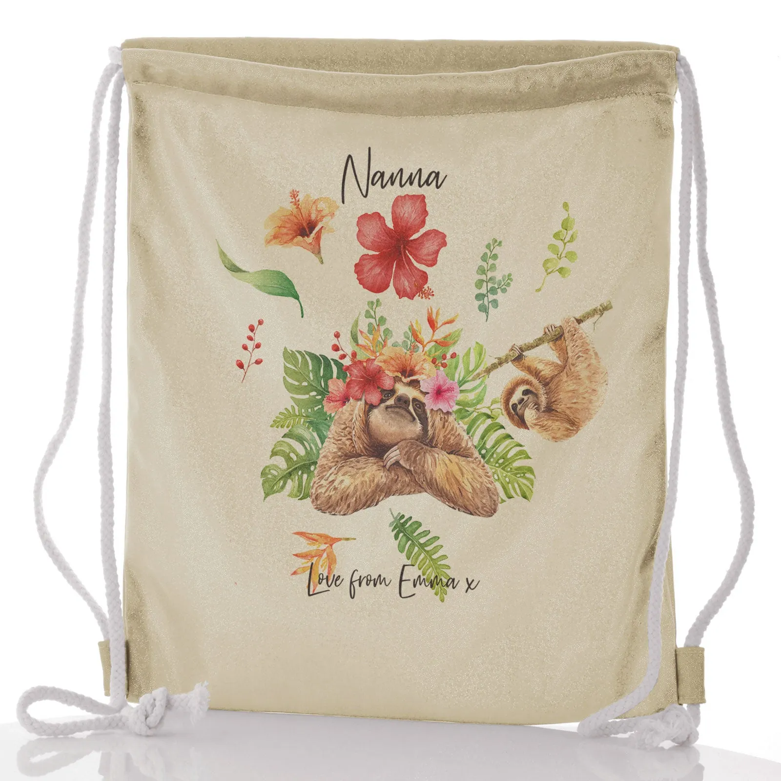 Personalised Glitter Drawstring Backpack with Stylish Text and Floral Mum and Baby Sloths