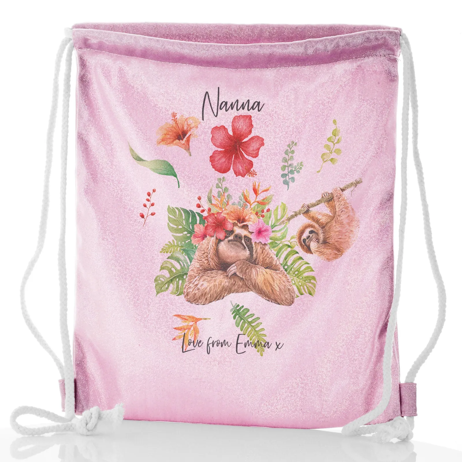 Personalised Glitter Drawstring Backpack with Stylish Text and Floral Mum and Baby Sloths
