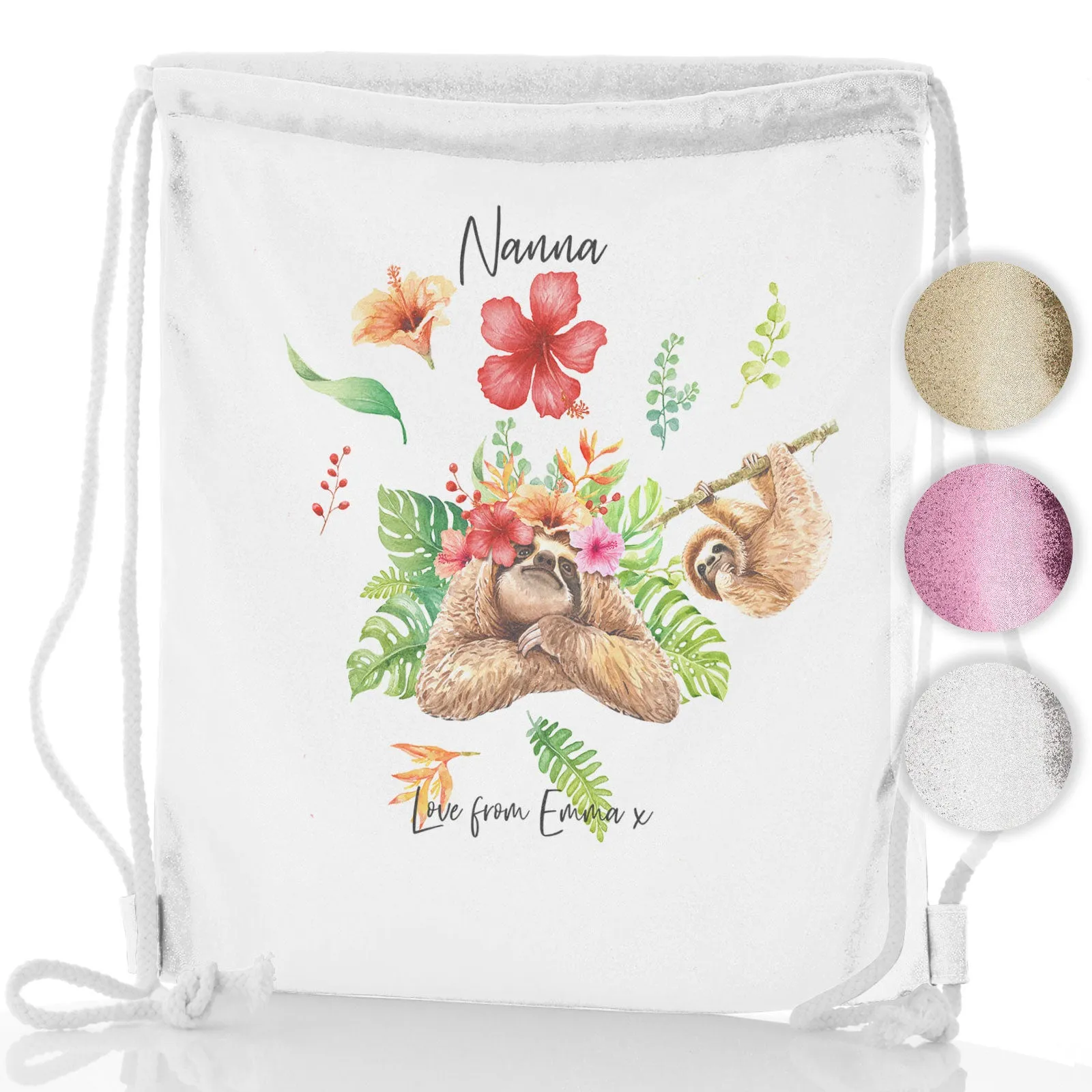 Personalised Glitter Drawstring Backpack with Stylish Text and Floral Mum and Baby Sloths