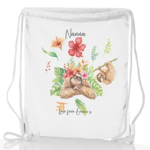 Personalised Glitter Drawstring Backpack with Stylish Text and Floral Mum and Baby Sloths