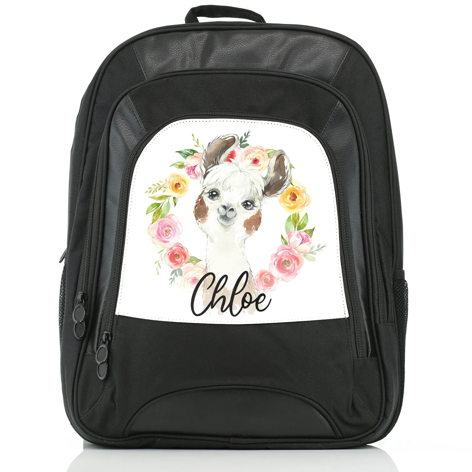 Personalised Rucksack with Brown and White Alpaca Multicolour Flower Wreath and Cute Text