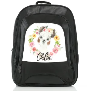 Personalised Rucksack with Brown and White Alpaca Multicolour Flower Wreath and Cute Text