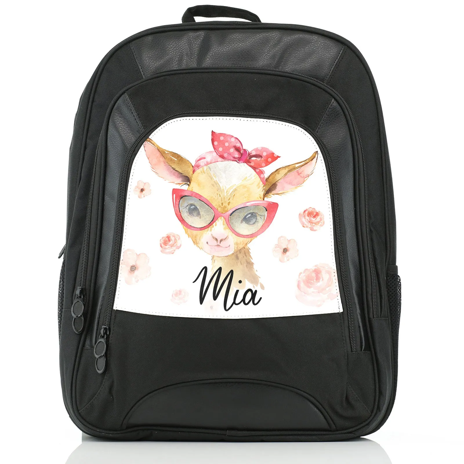 Personalised Rucksack with Goat Pink Glasses and Roses and Cute Text