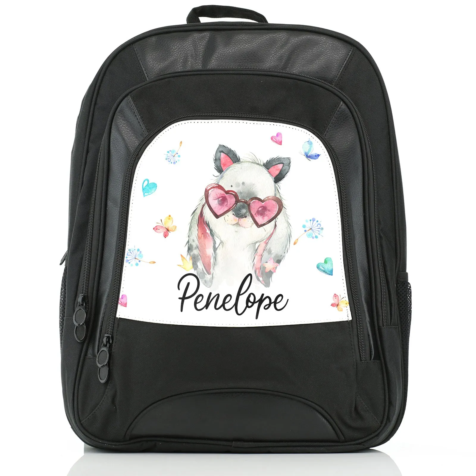 Personalised Rucksack with Grey Rabbit with Cat ears and Pink Heart Glasses and Cute Text