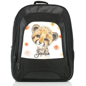 Personalised Rucksack with Spotty Leopard Cat Red and Yellow Flowers and Cute Text