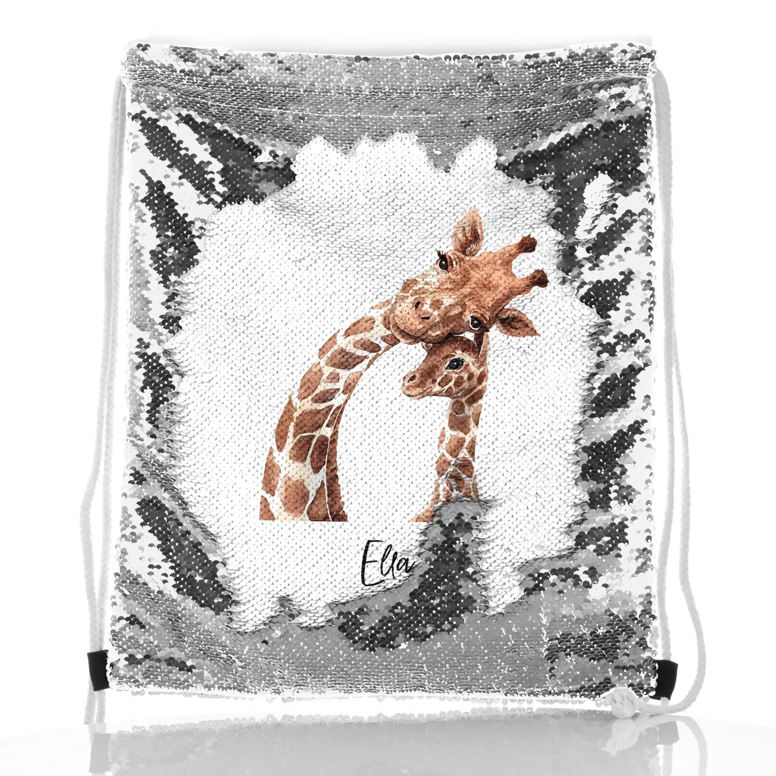 Personalised Sequin Drawstring Backpack with Welcoming Text and Relaxing Mum and Baby Giraffes