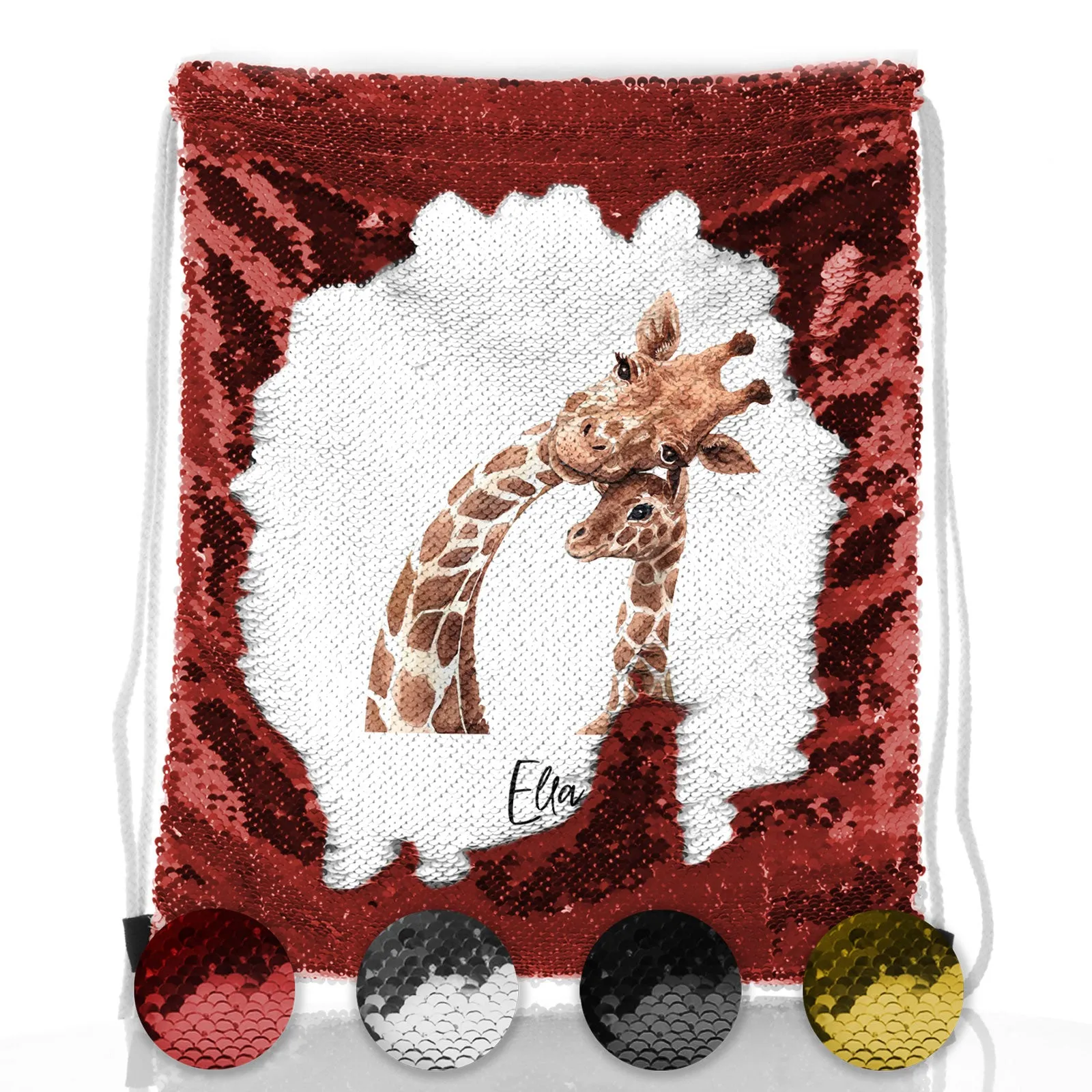 Personalised Sequin Drawstring Backpack with Welcoming Text and Relaxing Mum and Baby Giraffes
