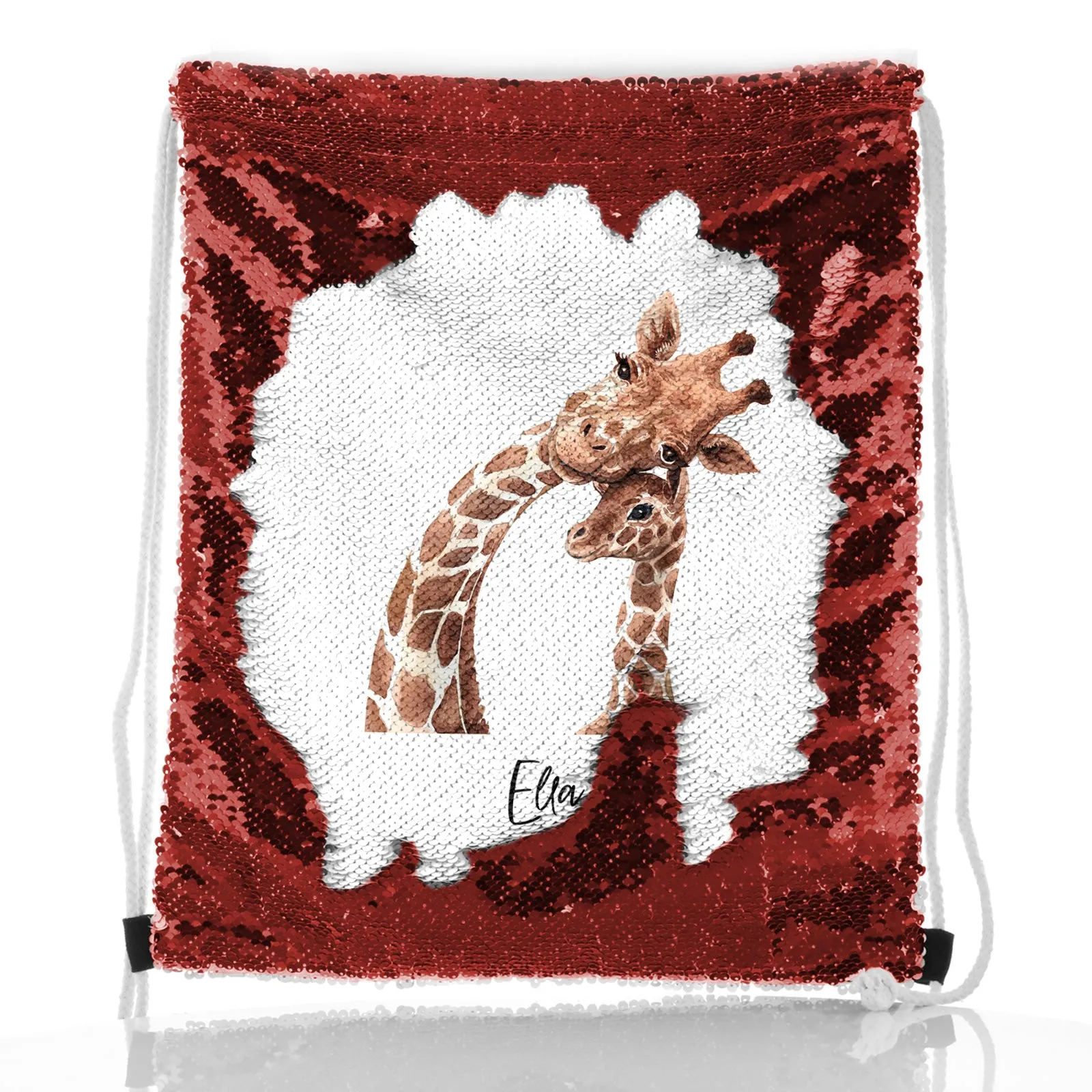 Personalised Sequin Drawstring Backpack with Welcoming Text and Relaxing Mum and Baby Giraffes