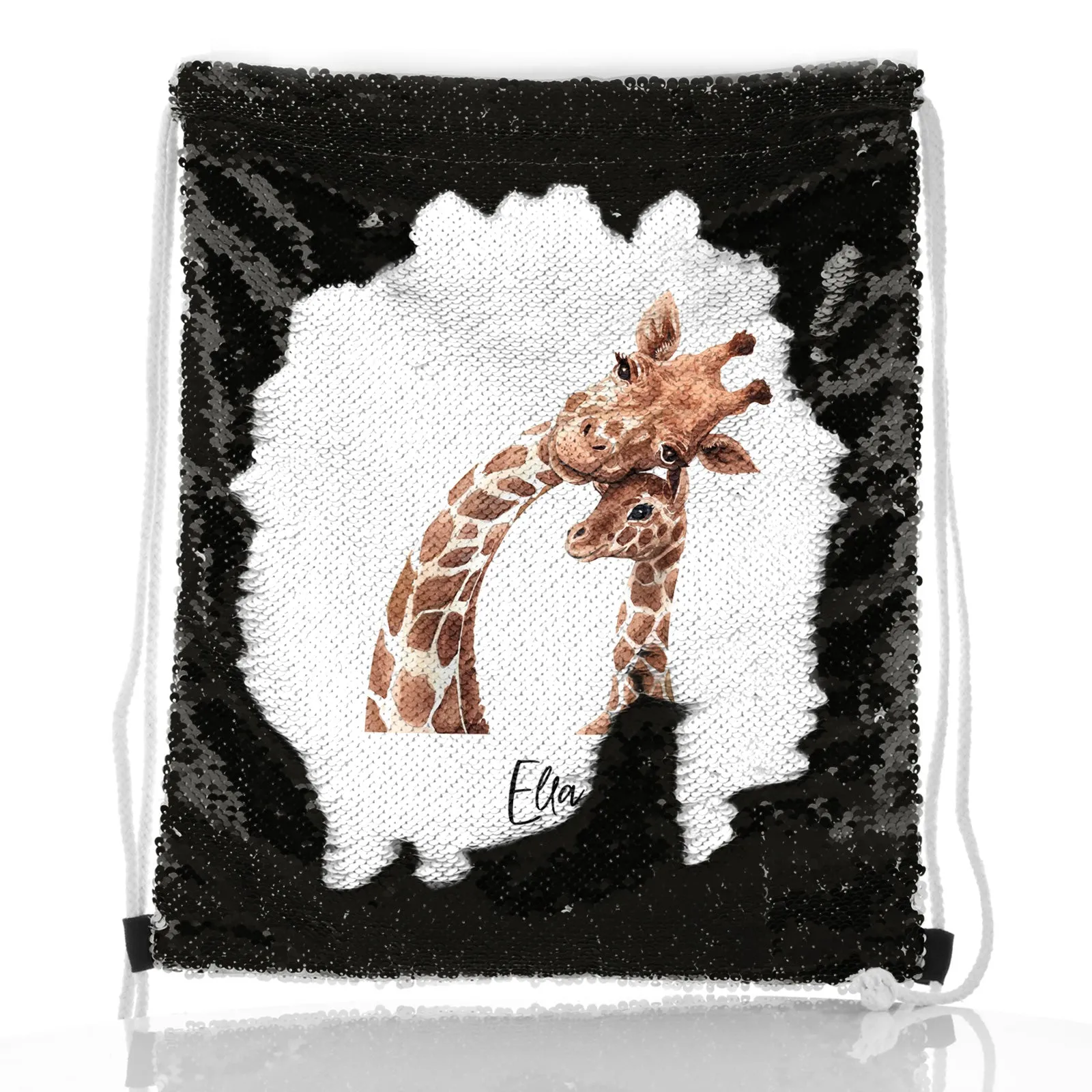 Personalised Sequin Drawstring Backpack with Welcoming Text and Relaxing Mum and Baby Giraffes