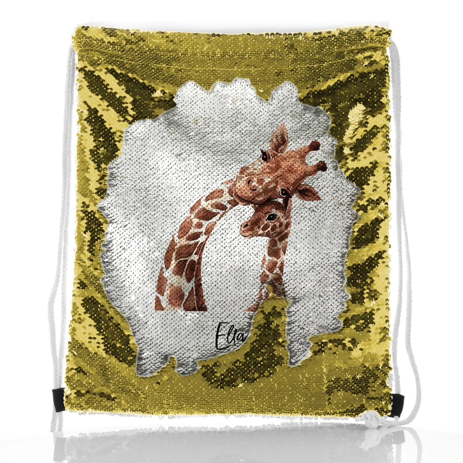 Personalised Sequin Drawstring Backpack with Welcoming Text and Relaxing Mum and Baby Giraffes