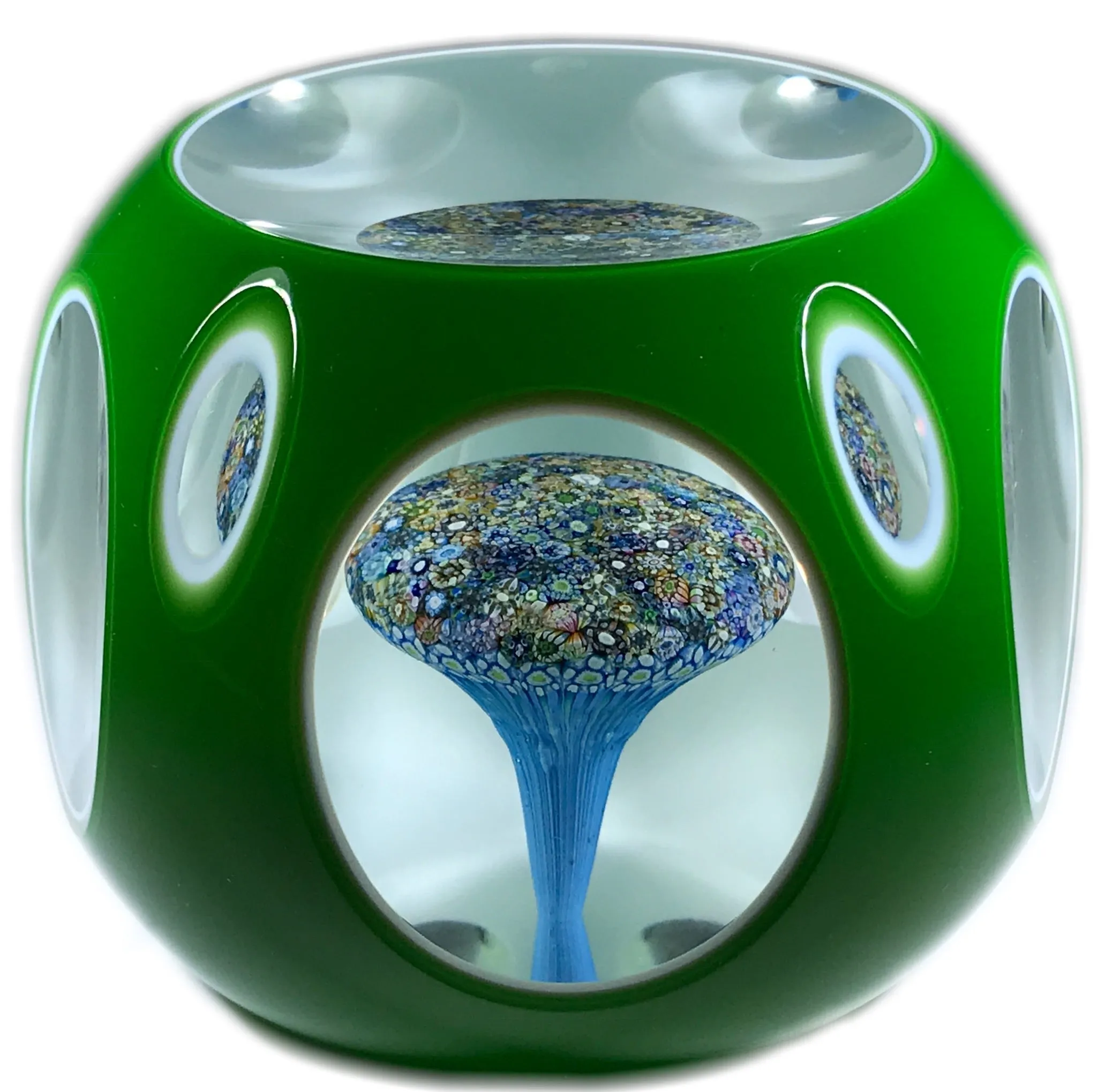 Perthshire 1986F Art Glass Paperweight Complex Millefiori Mushroom & Green Overlay