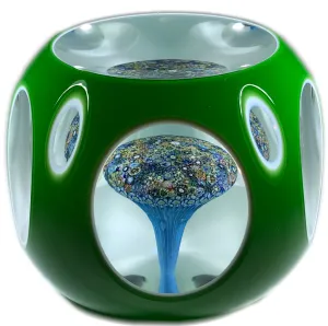 Perthshire 1986F Art Glass Paperweight Complex Millefiori Mushroom & Green Overlay