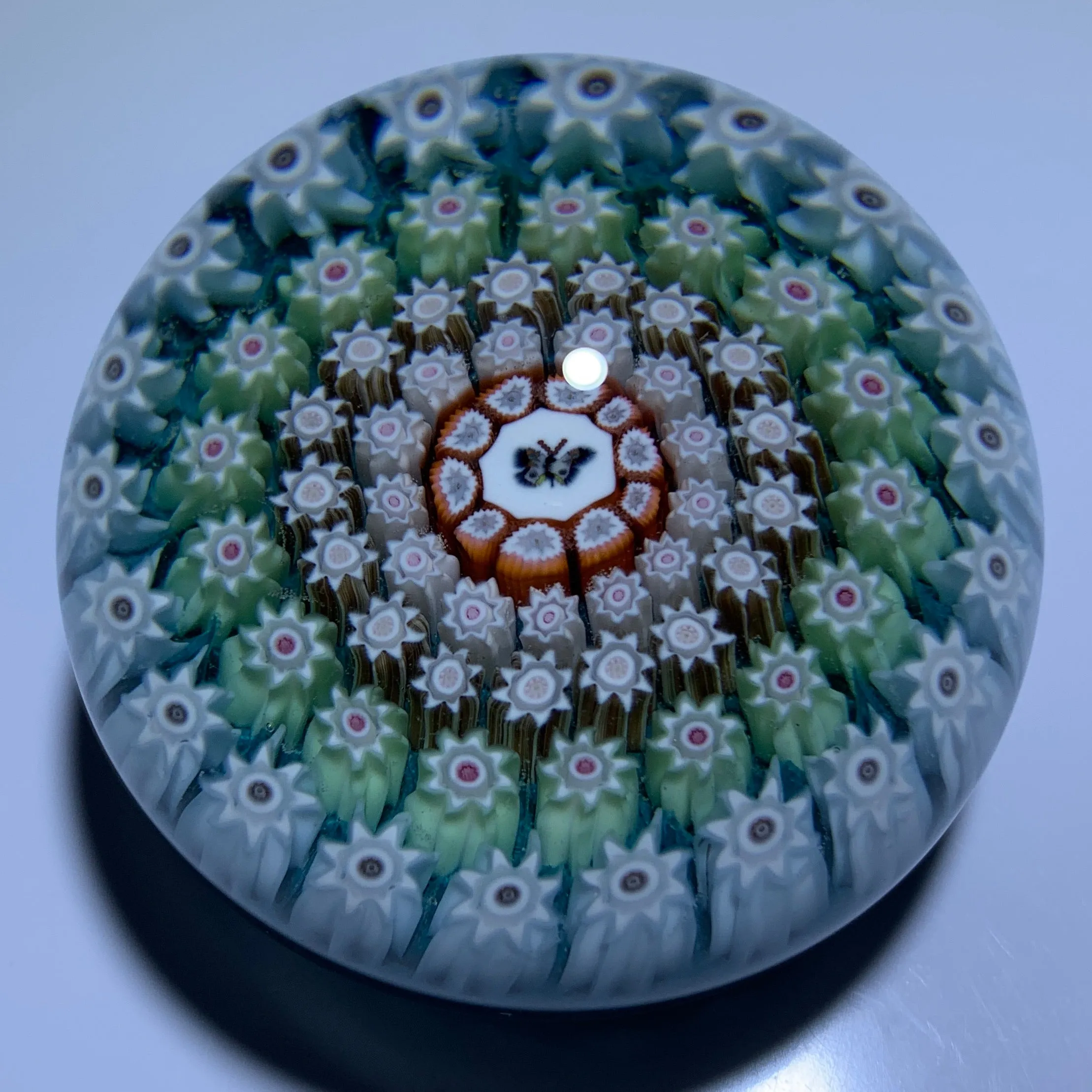 Perthshire Paperweights PP107 Complex Concentric Millefiori With Butterfly Picture Cane