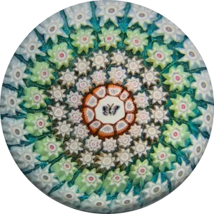 Perthshire Paperweights PP107 Complex Concentric Millefiori With Butterfly Picture Cane