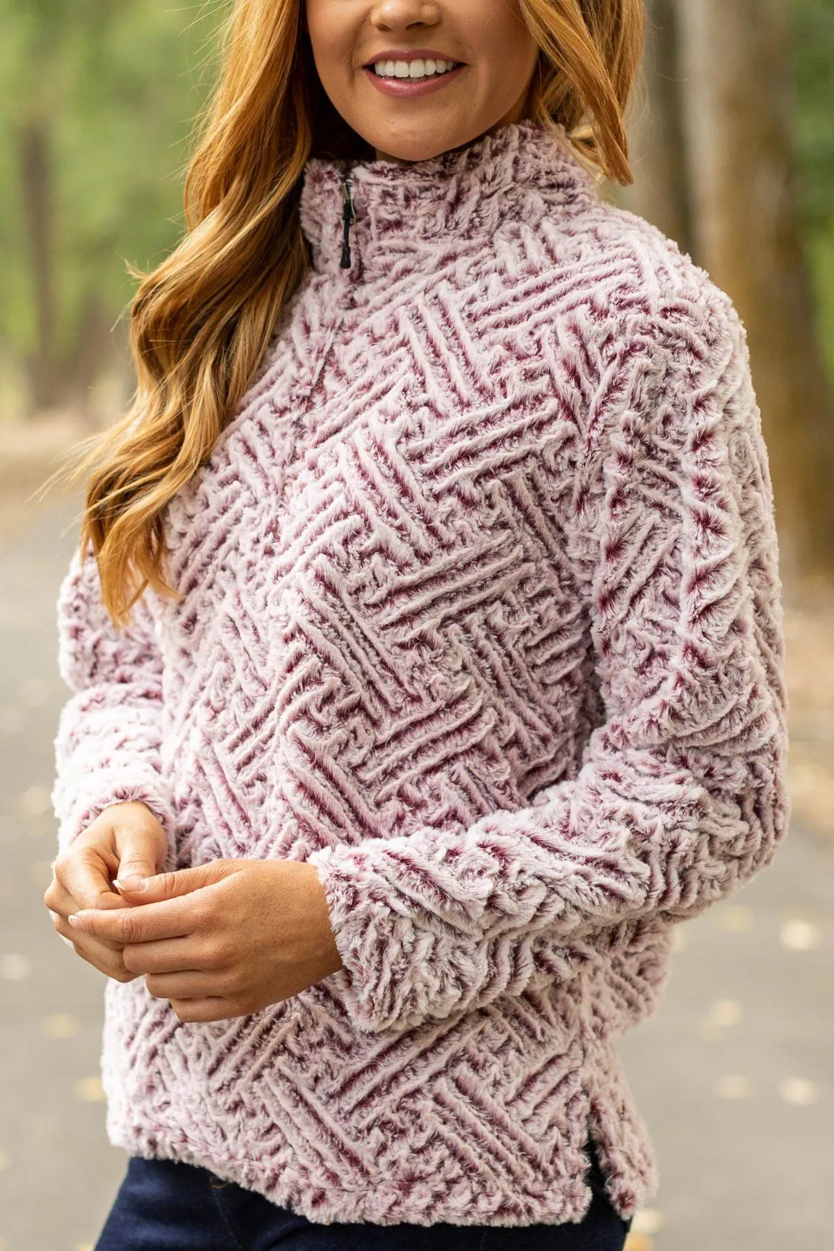 Pink and Maroon Textured Sherpa Pullover