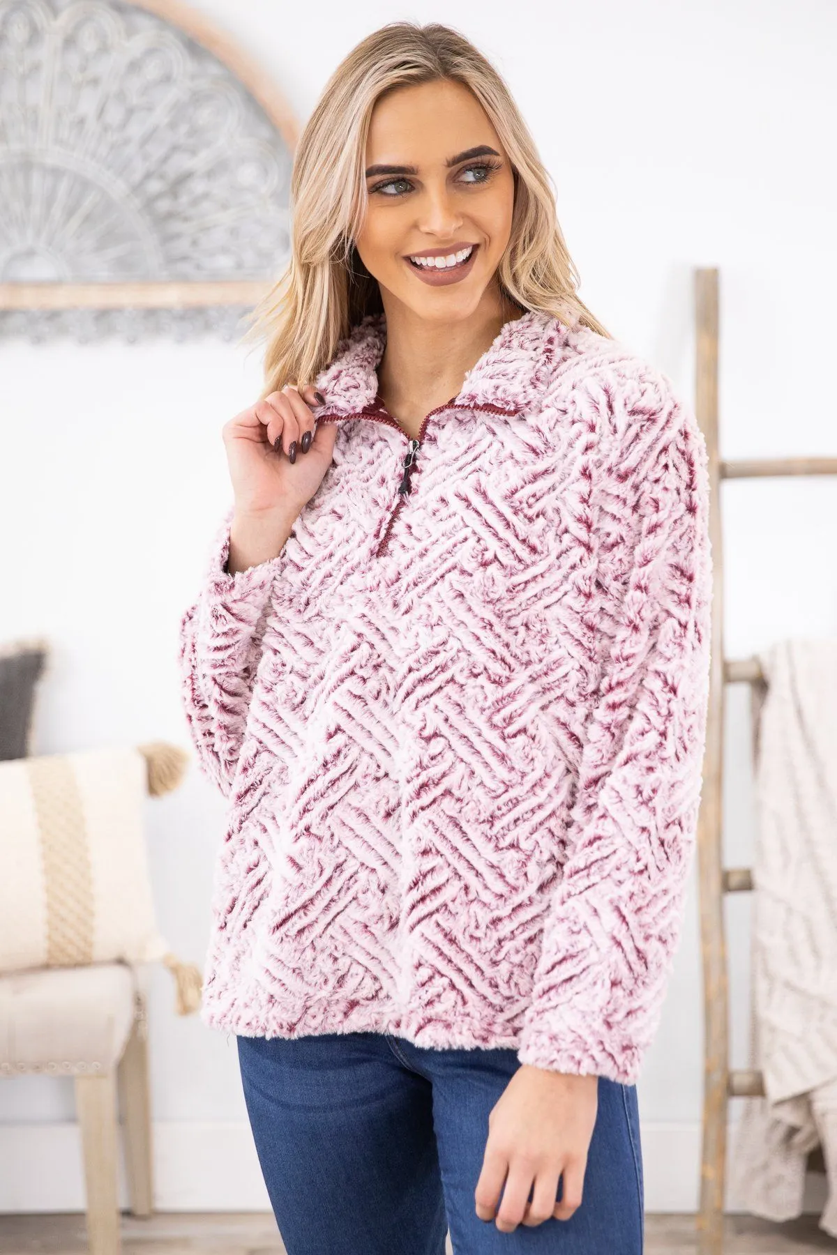 Pink and Maroon Textured Sherpa Pullover