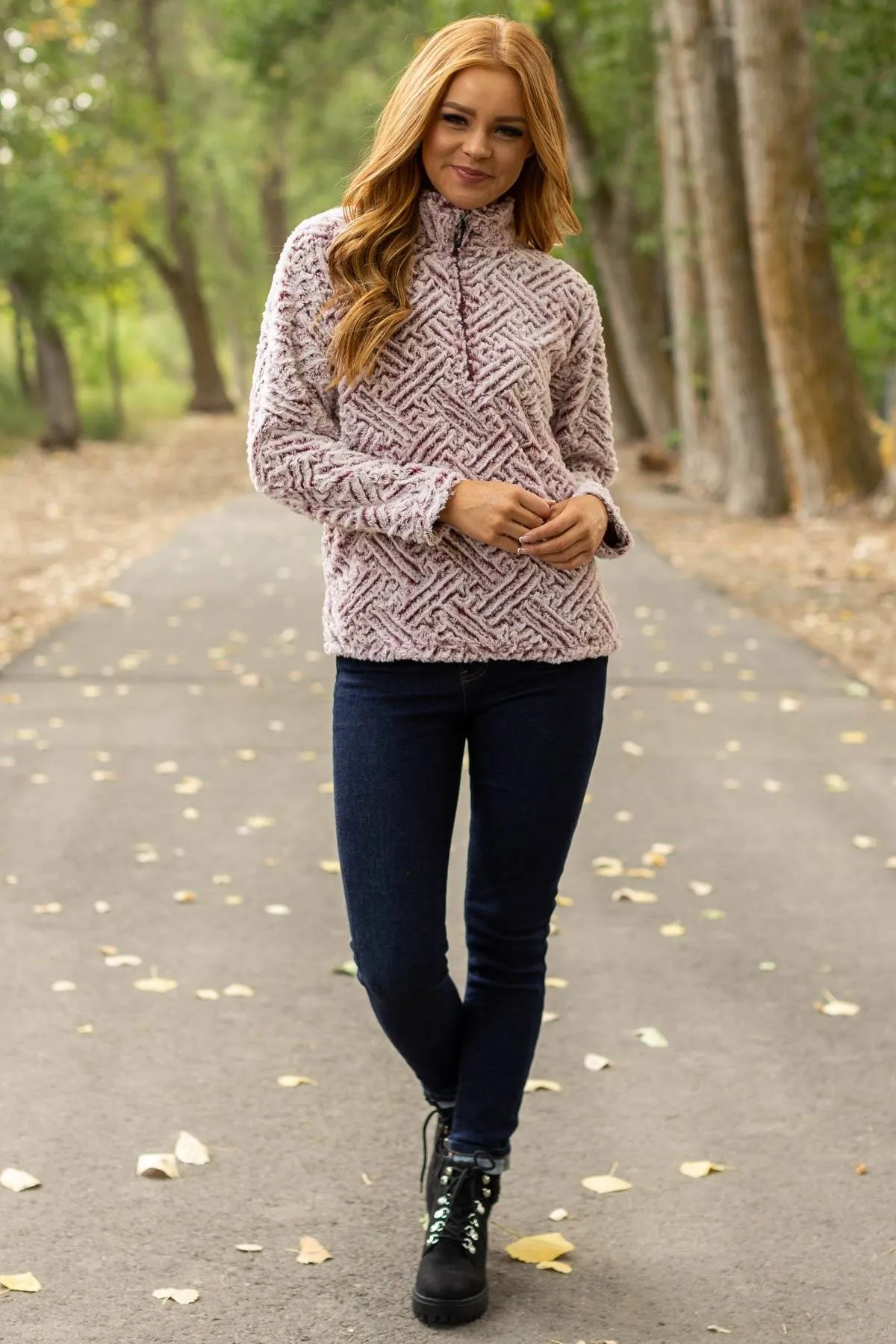 Pink and Maroon Textured Sherpa Pullover
