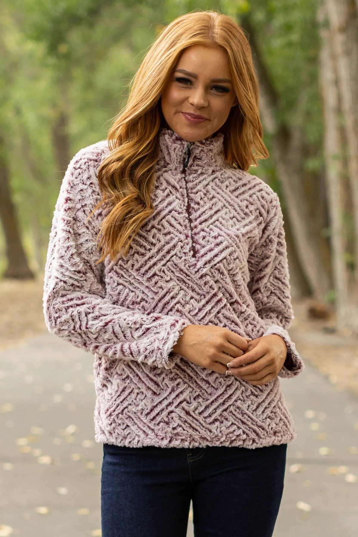 Pink and Maroon Textured Sherpa Pullover