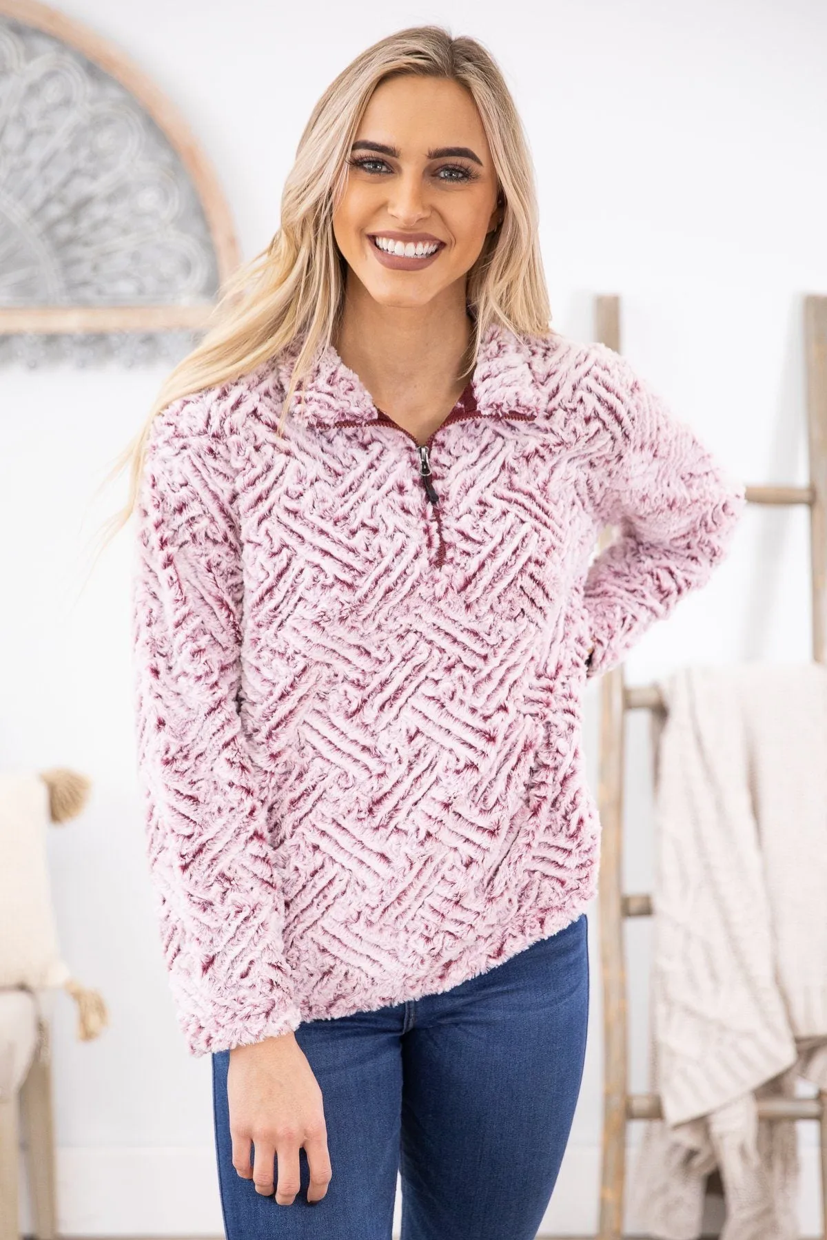 Pink and Maroon Textured Sherpa Pullover
