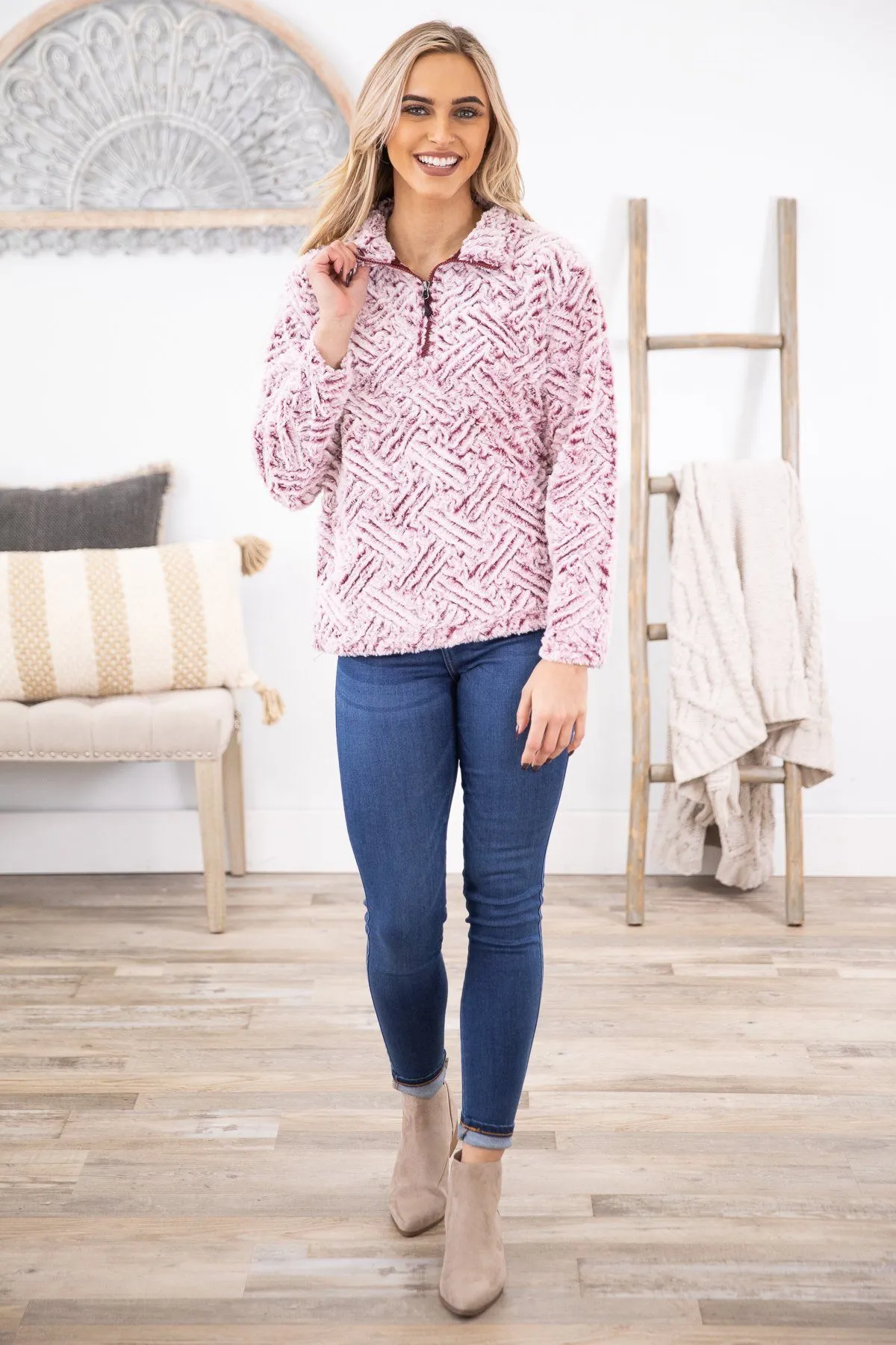 Pink and Maroon Textured Sherpa Pullover