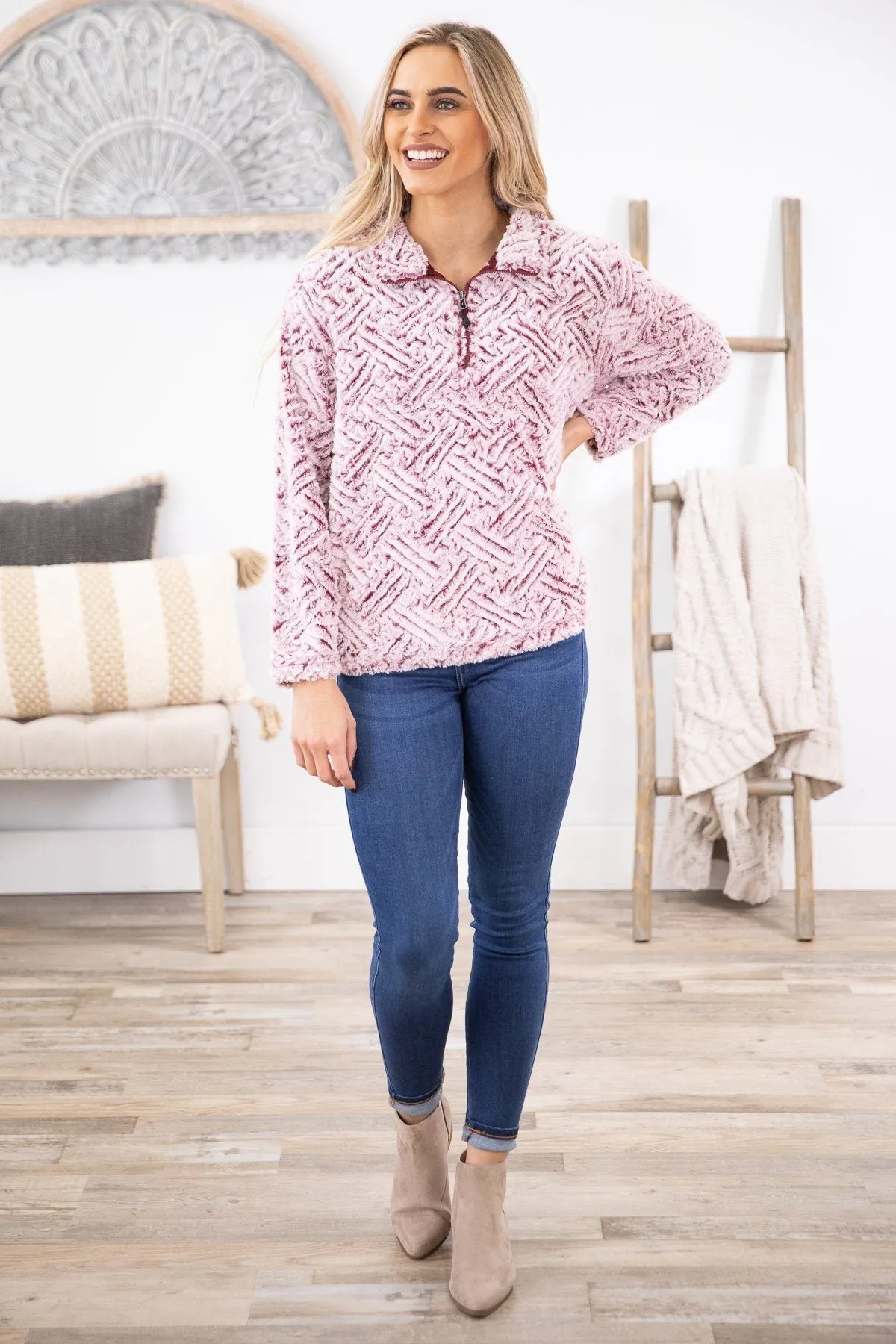 Pink and Maroon Textured Sherpa Pullover