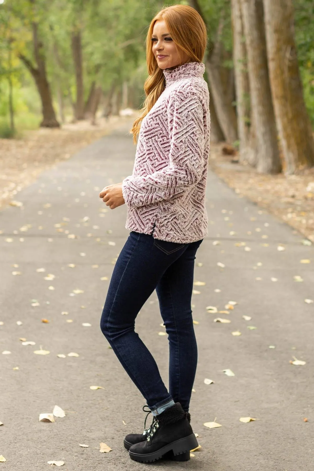 Pink and Maroon Textured Sherpa Pullover
