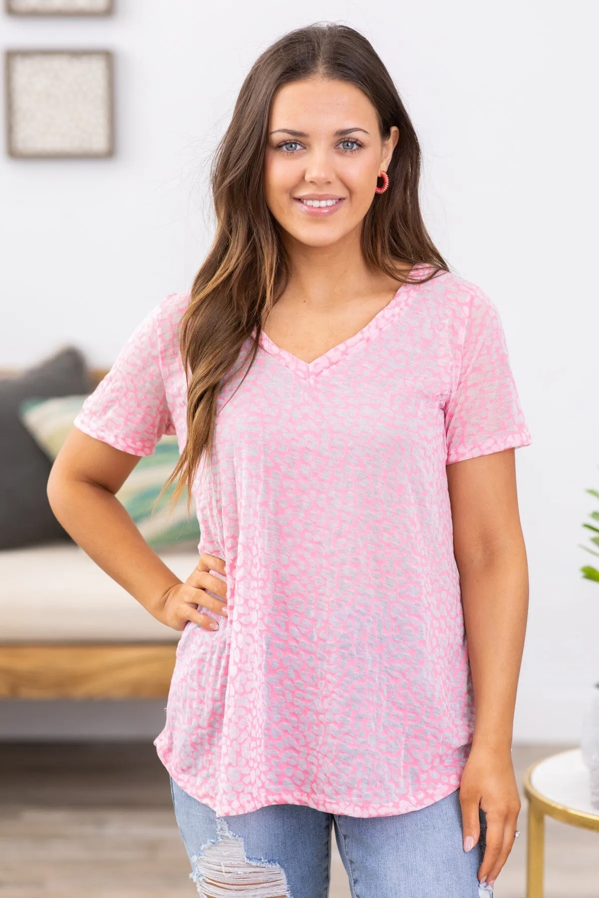 Pink Animal Print Burnout V-Neck Top