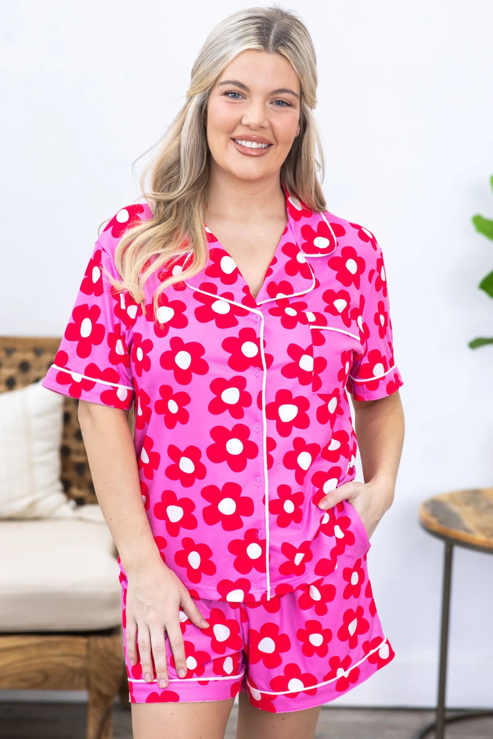 Pink Flower Print Shirt and Shorts PJ Set