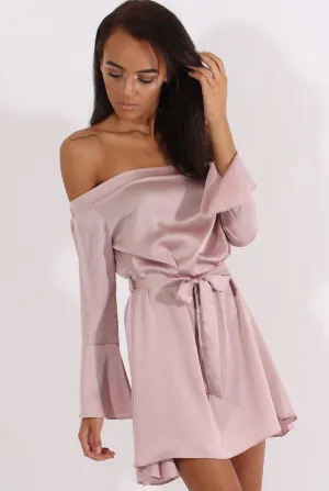 Pink Silky Bardot Tie Waist Dress - Esther