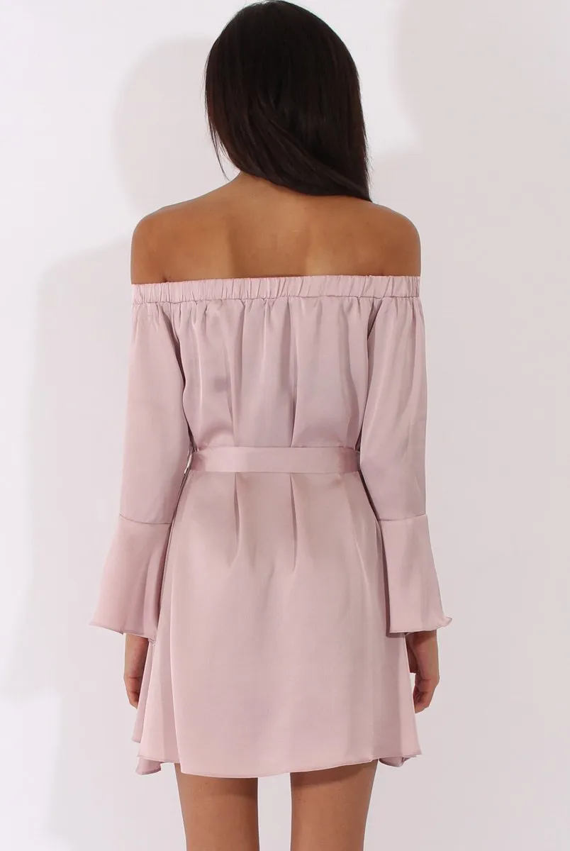 Pink Silky Bardot Tie Waist Dress - Esther