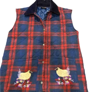 Plaid barn coat vest. Embroidered pockets with sheep &amp; flowers.