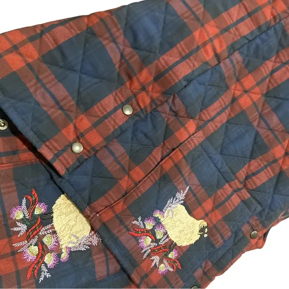 Plaid barn coat vest. Embroidered pockets with sheep &amp; flowers.
