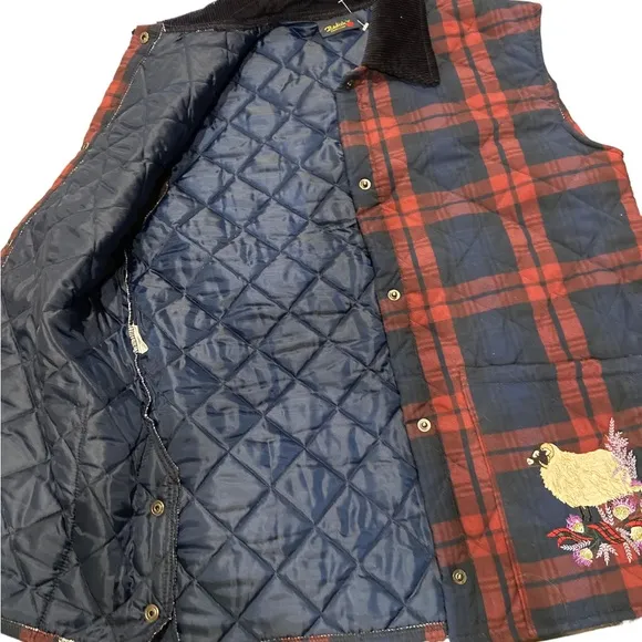 Plaid barn coat vest. Embroidered pockets with sheep &amp; flowers.