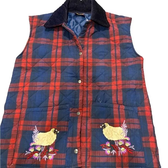 Plaid barn coat vest. Embroidered pockets with sheep &amp; flowers.