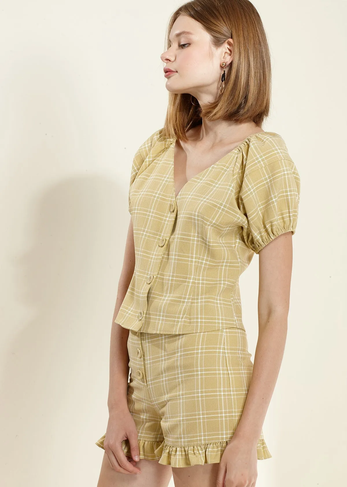 Plaid Ruffle Hem High Waist Shorts by Shop at Konus