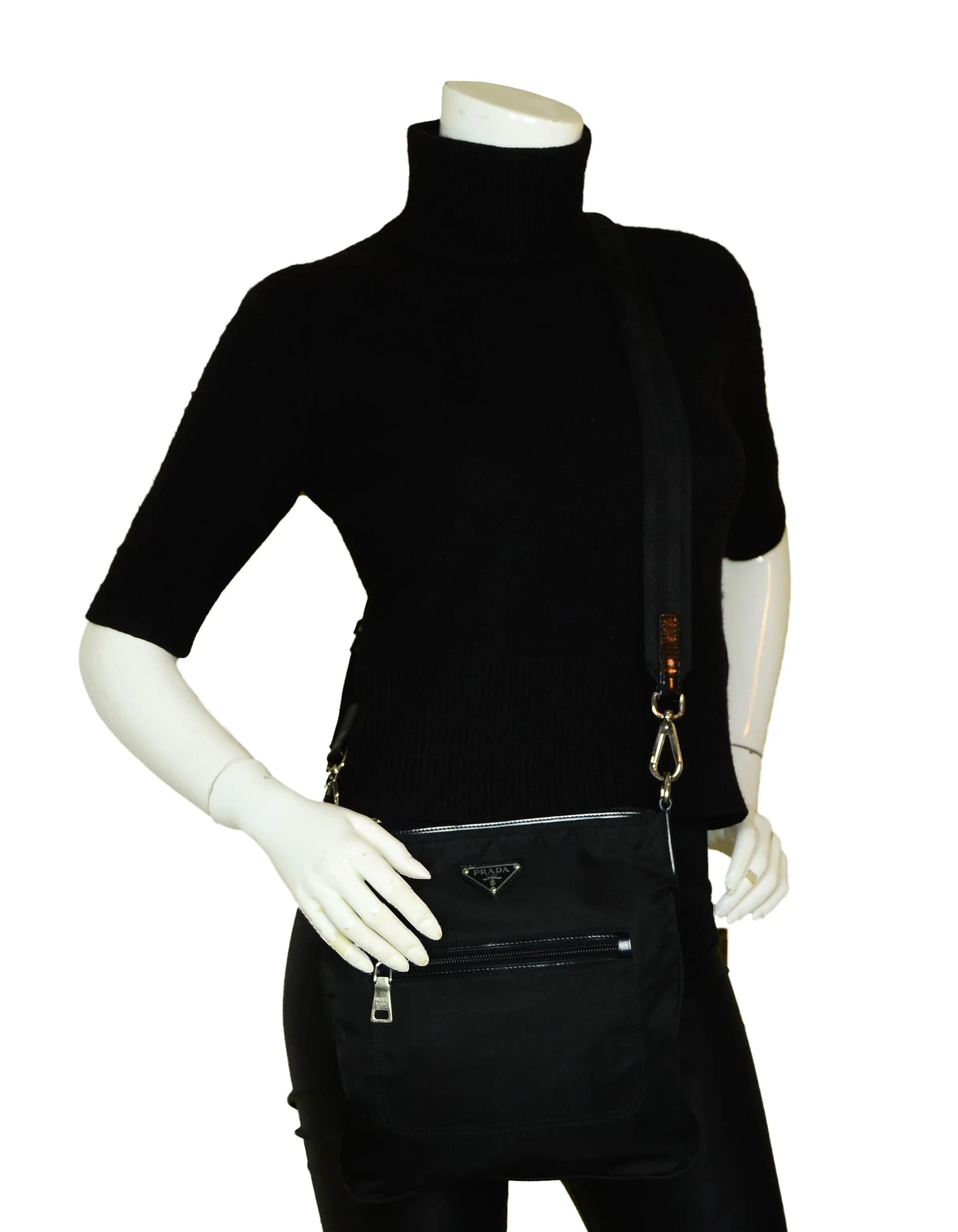 Prada Black Tessuto Nylon Flat Crossbody Bag w/ Front Pocket