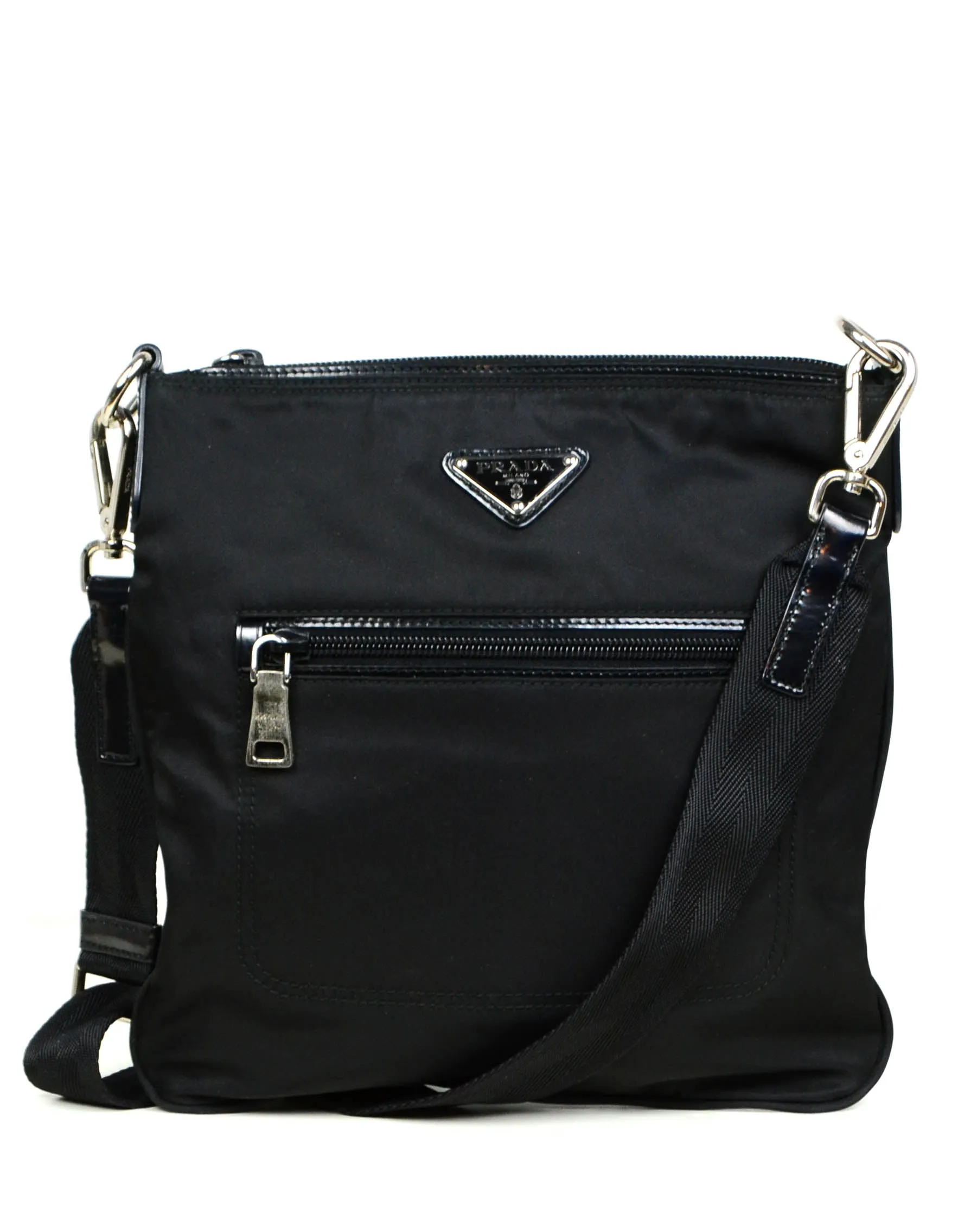Prada Black Tessuto Nylon Flat Crossbody Bag w/ Front Pocket