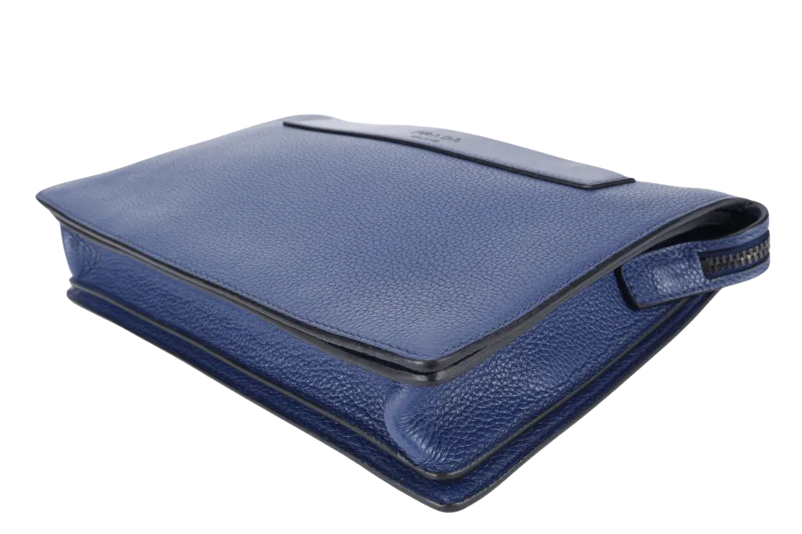 PRADA BORSELLO DARK BLUE GRAIN CALFSKIN CLUTCH SILVER HARDWARE WITH DUST COVER
