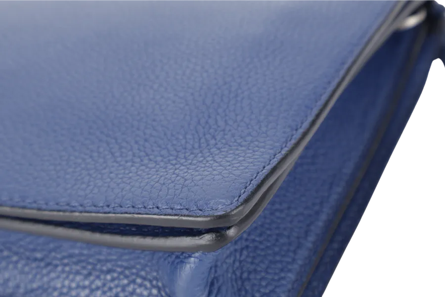 PRADA BORSELLO DARK BLUE GRAIN CALFSKIN CLUTCH SILVER HARDWARE WITH DUST COVER