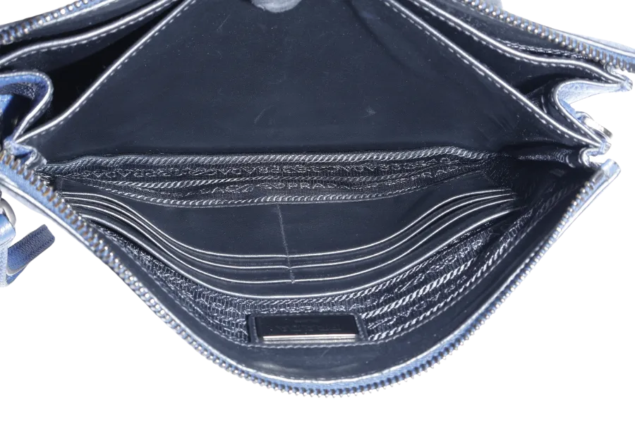 PRADA BORSELLO DARK BLUE GRAIN CALFSKIN CLUTCH SILVER HARDWARE WITH DUST COVER