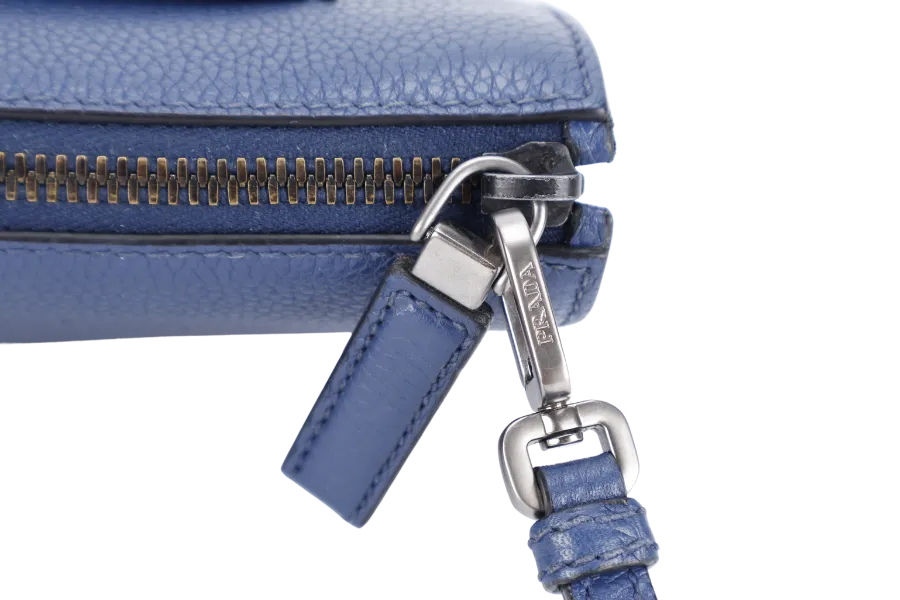 PRADA BORSELLO DARK BLUE GRAIN CALFSKIN CLUTCH SILVER HARDWARE WITH DUST COVER