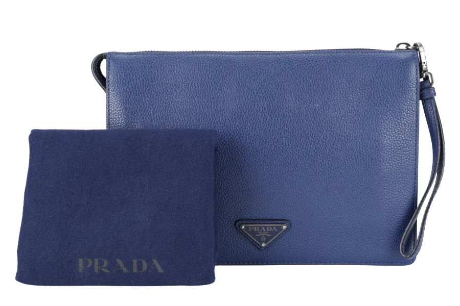 PRADA BORSELLO DARK BLUE GRAIN CALFSKIN CLUTCH SILVER HARDWARE WITH DUST COVER