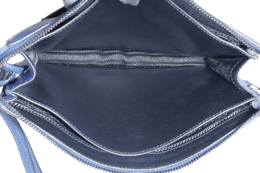 PRADA BORSELLO DARK BLUE GRAIN CALFSKIN CLUTCH SILVER HARDWARE WITH DUST COVER
