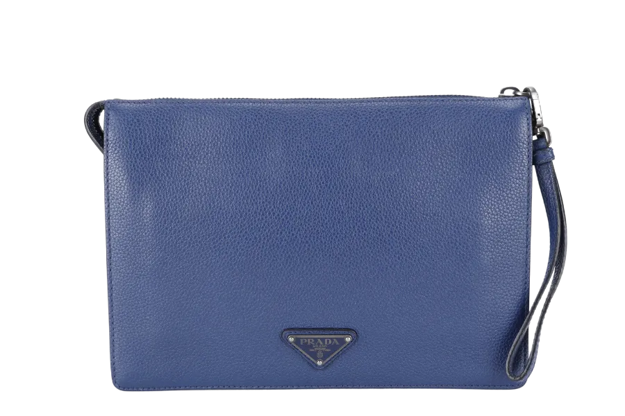 PRADA BORSELLO DARK BLUE GRAIN CALFSKIN CLUTCH SILVER HARDWARE WITH DUST COVER