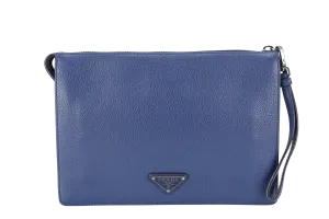 PRADA BORSELLO DARK BLUE GRAIN CALFSKIN CLUTCH SILVER HARDWARE WITH DUST COVER